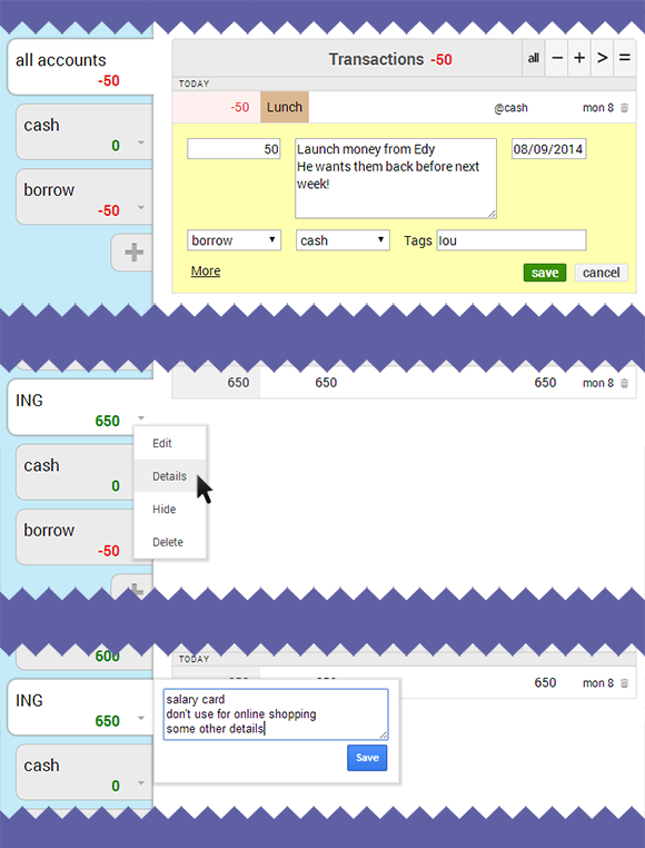 transaction and account details